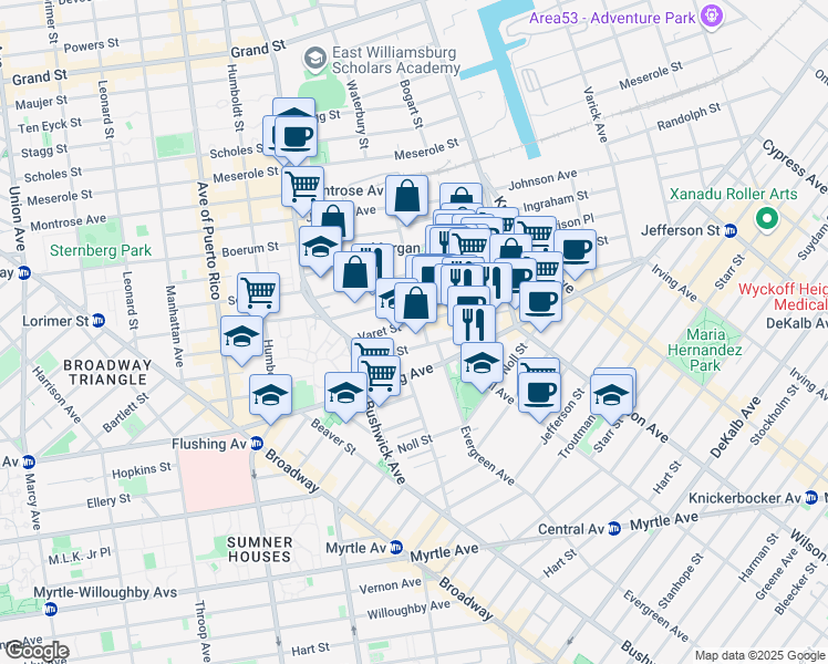 map of restaurants, bars, coffee shops, grocery stores, and more near 9 White Street in Brooklyn