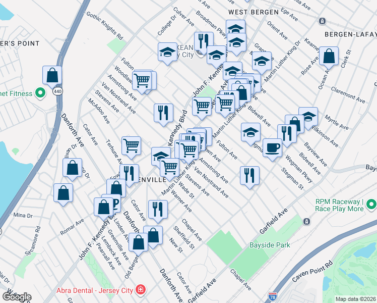 map of restaurants, bars, coffee shops, grocery stores, and more near 189 Woodlawn Avenue in Jersey City