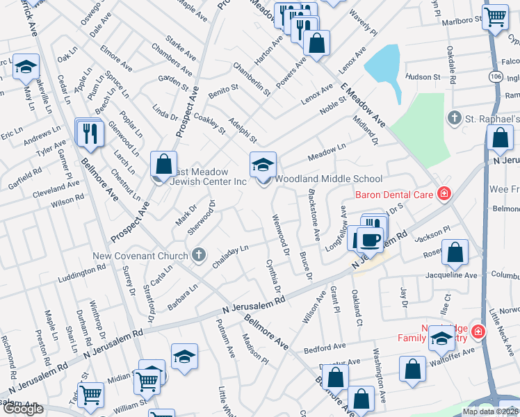 map of restaurants, bars, coffee shops, grocery stores, and more near 703 Cynthia Drive in East Meadow