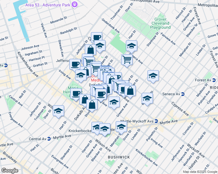 map of restaurants, bars, coffee shops, grocery stores, and more near 114 Wyckoff Avenue in Brooklyn