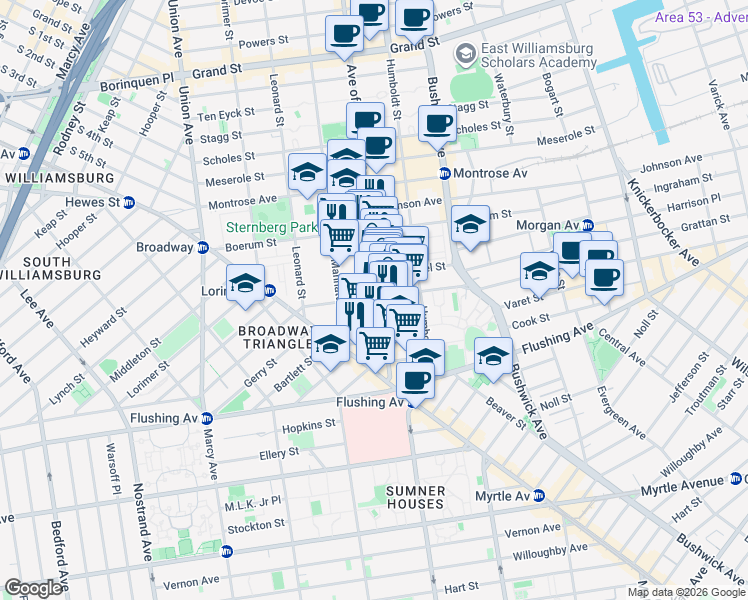 map of restaurants, bars, coffee shops, grocery stores, and more near 69 Moore Street in Brooklyn