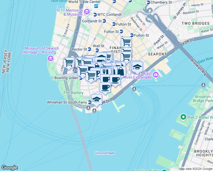 map of restaurants, bars, coffee shops, grocery stores, and more near 2 Coenties Slip in New York