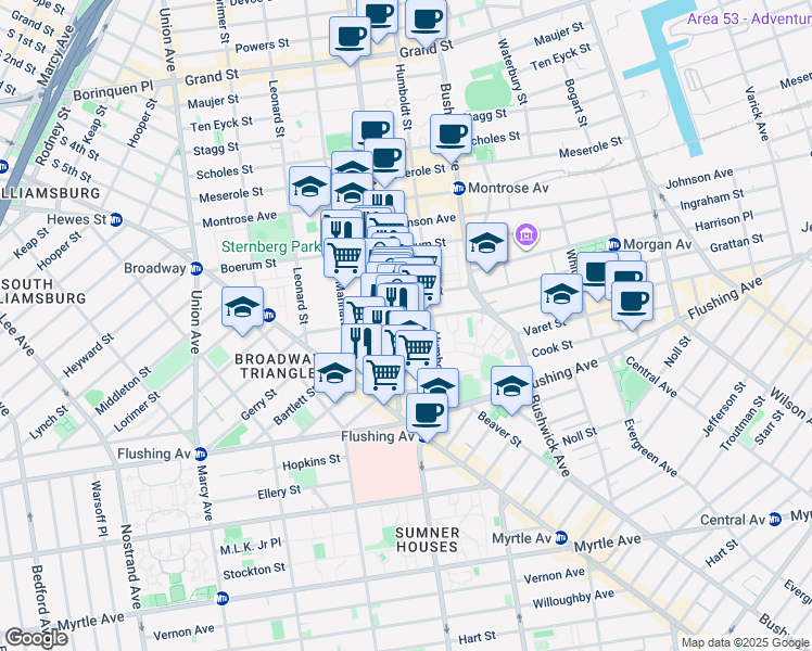 map of restaurants, bars, coffee shops, grocery stores, and more near 69 Moore Street in Brooklyn
