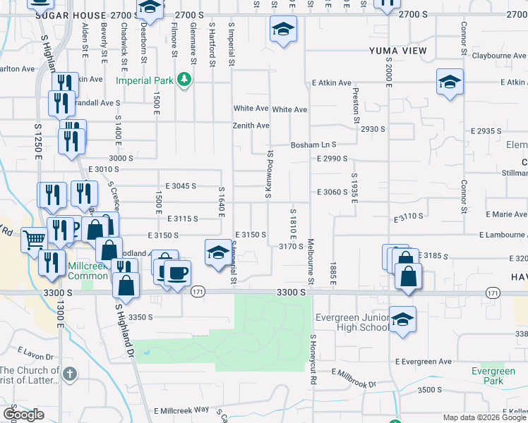 map of restaurants, bars, coffee shops, grocery stores, and more near 3086 South Kenwood Street in Salt Lake City