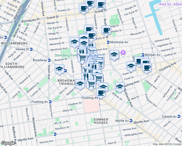 map of restaurants, bars, coffee shops, grocery stores, and more near 69 Moore Street in Brooklyn