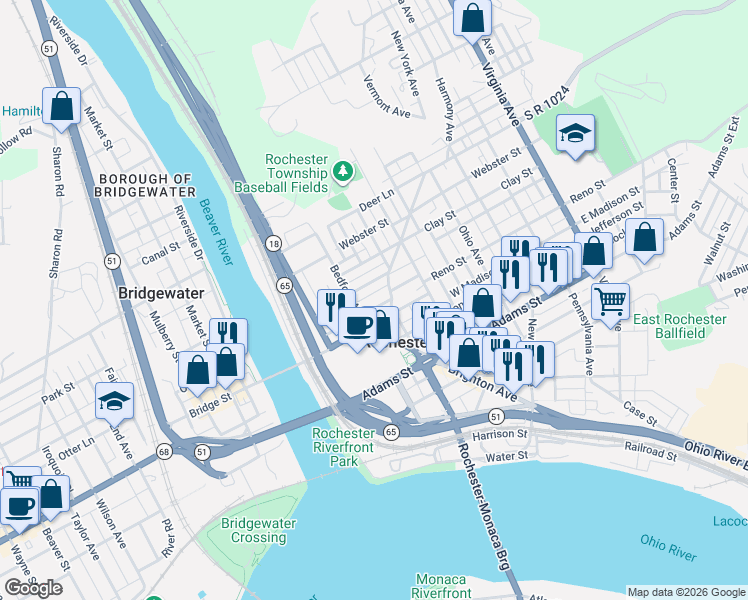 map of restaurants, bars, coffee shops, grocery stores, and more near 181 George Street in Rochester