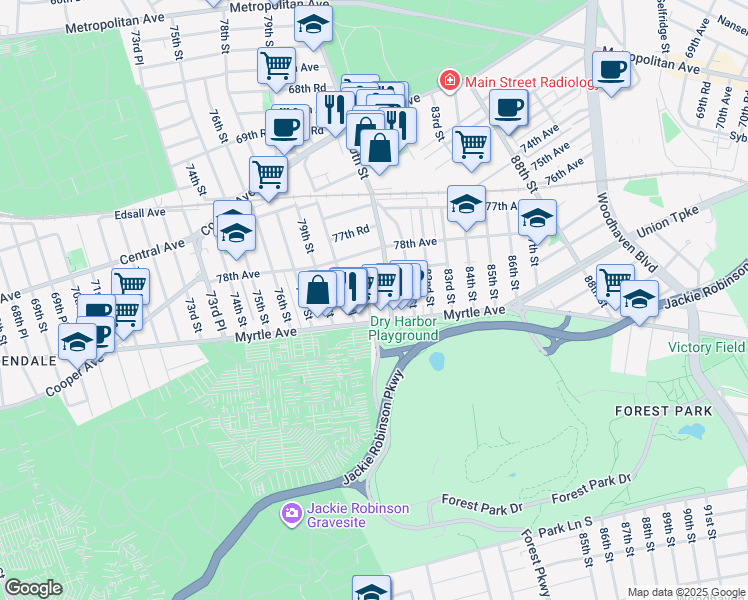 map of restaurants, bars, coffee shops, grocery stores, and more near 78-55 79th Lane in Queens
