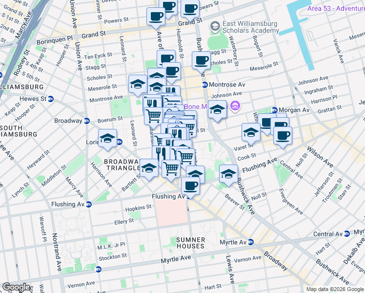 map of restaurants, bars, coffee shops, grocery stores, and more near in Brooklyn