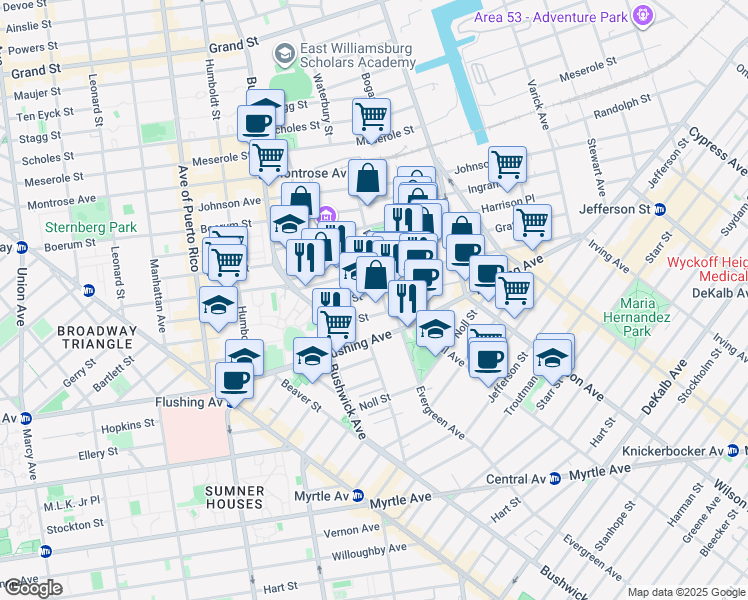 map of restaurants, bars, coffee shops, grocery stores, and more near 225 Varet Street in Brooklyn