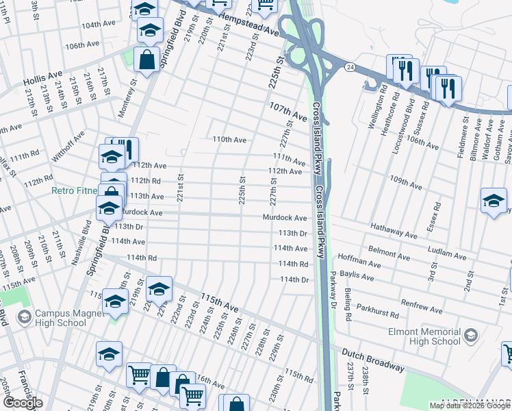 map of restaurants, bars, coffee shops, grocery stores, and more near 225-33 113th Avenue in Queens