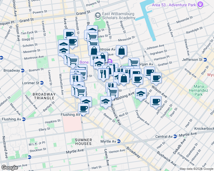 map of restaurants, bars, coffee shops, grocery stores, and more near 168 Moore Street in Brooklyn