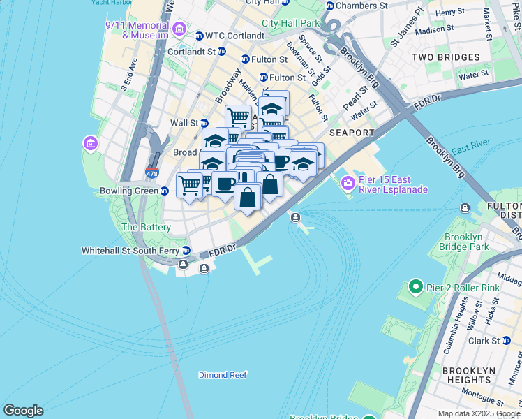 map of restaurants, bars, coffee shops, grocery stores, and more near 100 Old Slip in New York