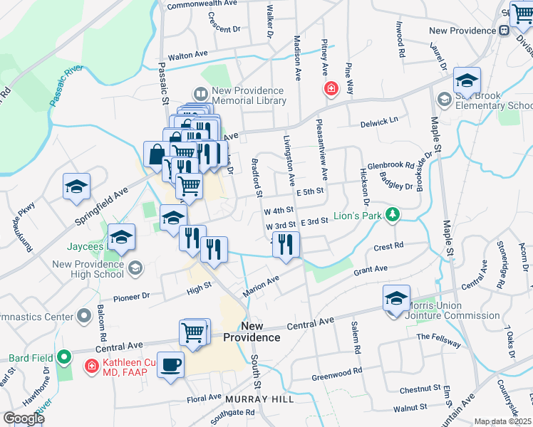 map of restaurants, bars, coffee shops, grocery stores, and more near 128 Bradford Street in New Providence