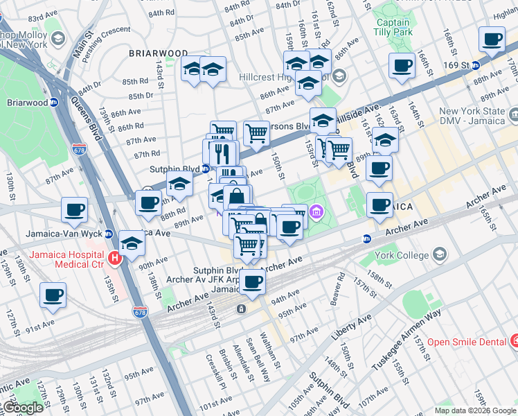 map of restaurants, bars, coffee shops, grocery stores, and more near 89-25 148th Street in Queens