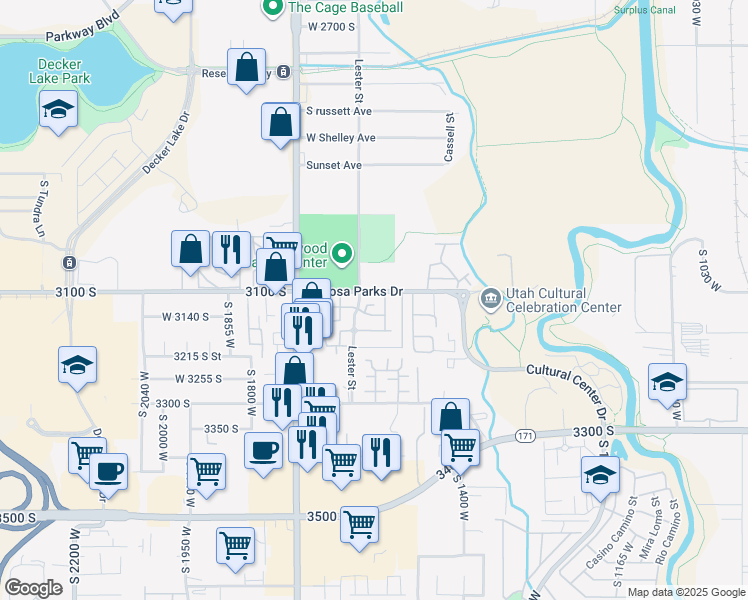 map of restaurants, bars, coffee shops, grocery stores, and more near 1574 Calais Court in West Valley City
