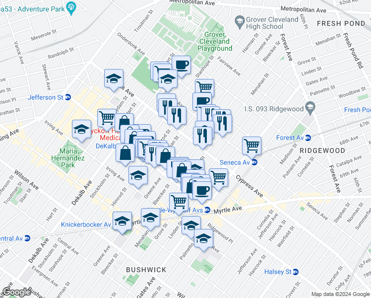map of restaurants, bars, coffee shops, grocery stores, and more near 1556 Greene Avenue in Brooklyn