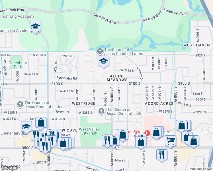 map of restaurants, bars, coffee shops, grocery stores, and more near 4433 West 3100 South in West Valley City