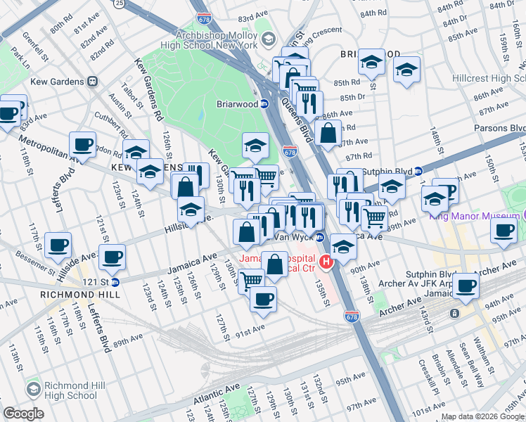 map of restaurants, bars, coffee shops, grocery stores, and more near 132-10 Hillside Avenue in Queens