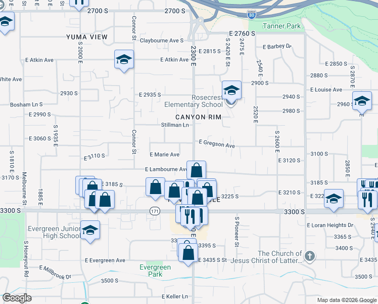 map of restaurants, bars, coffee shops, grocery stores, and more near 3086 South 2300 East in Salt Lake City