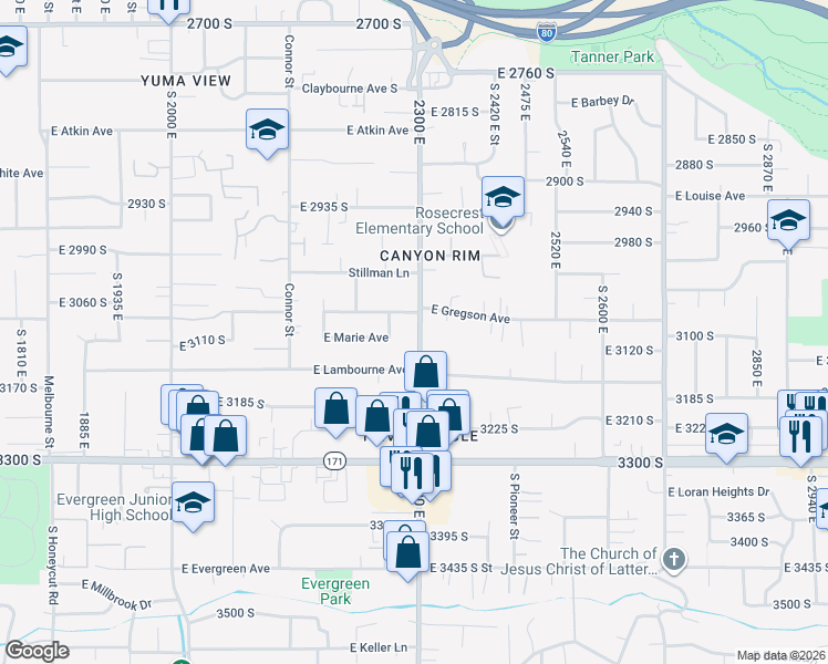 map of restaurants, bars, coffee shops, grocery stores, and more near 3094 South 2300 East in Salt Lake City