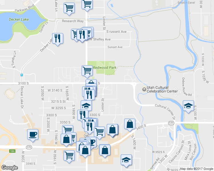 map of restaurants, bars, coffee shops, grocery stores, and more near 1574 Calais Court in West Valley City