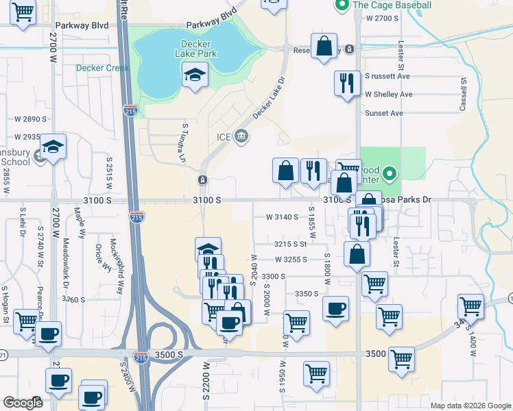 map of restaurants, bars, coffee shops, grocery stores, and more near 2041 West 3100 South in West Valley City