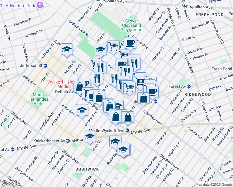 map of restaurants, bars, coffee shops, grocery stores, and more near 236 Cypress Avenue in Brooklyn