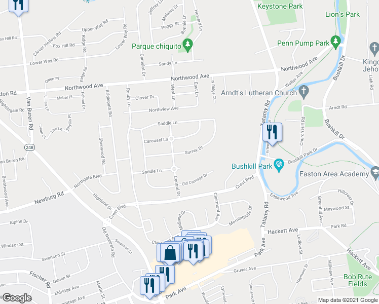 map of restaurants, bars, coffee shops, grocery stores, and more near 51 Surrey Drive in Easton