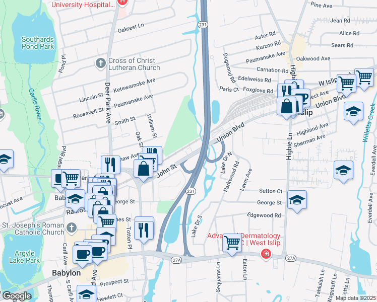 map of restaurants, bars, coffee shops, grocery stores, and more near 99 John Street in Babylon