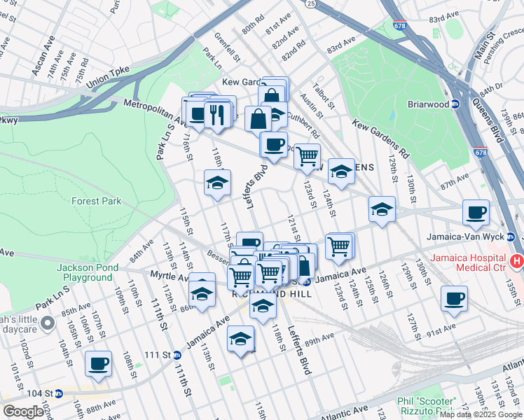 map of restaurants, bars, coffee shops, grocery stores, and more near 84-25 120th Street in Queens