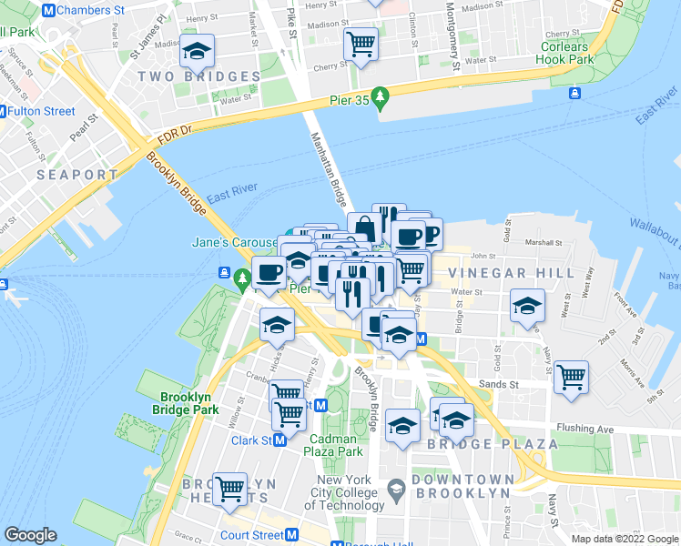 map of restaurants, bars, coffee shops, grocery stores, and more near 82 Plymouth Street in Brooklyn
