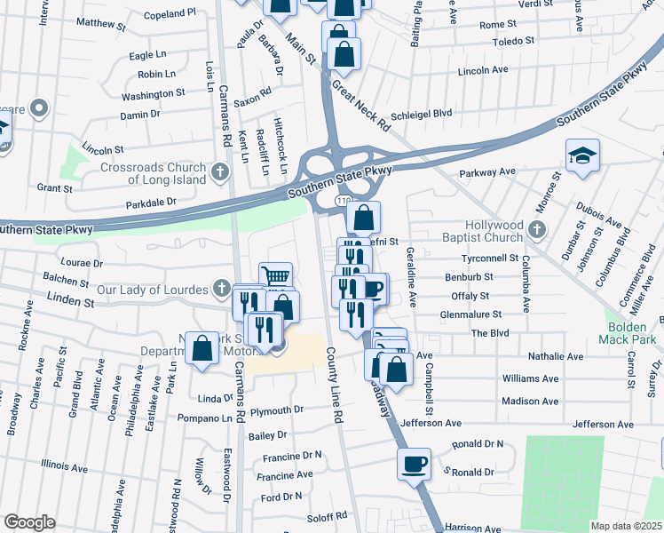 map of restaurants, bars, coffee shops, grocery stores, and more near 86522 County Line Road in Amityville