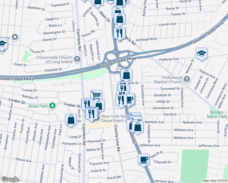 map of restaurants, bars, coffee shops, grocery stores, and more near 86522 County Line Road in Amityville