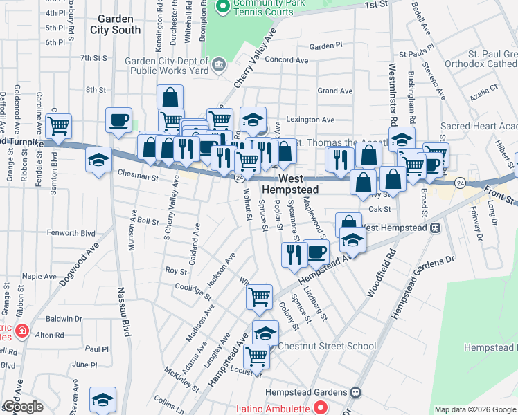 map of restaurants, bars, coffee shops, grocery stores, and more near 34 Poplar Street in West Hempstead