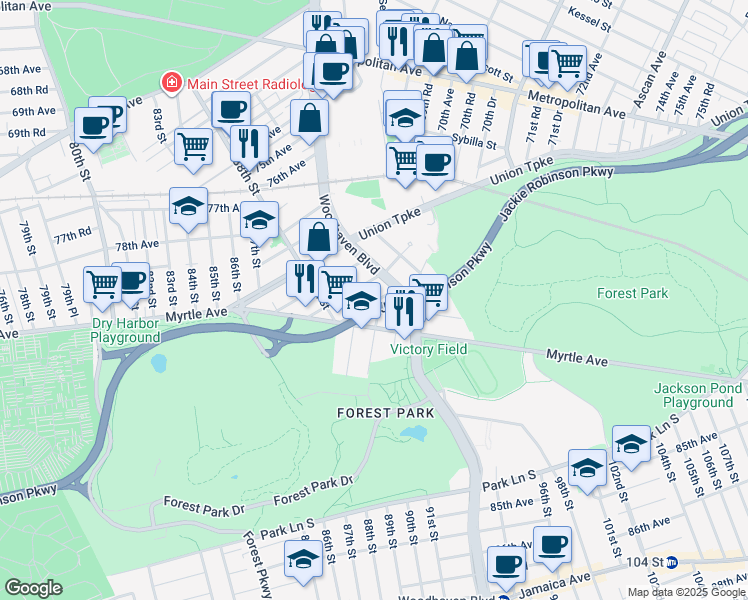 map of restaurants, bars, coffee shops, grocery stores, and more near in Queens