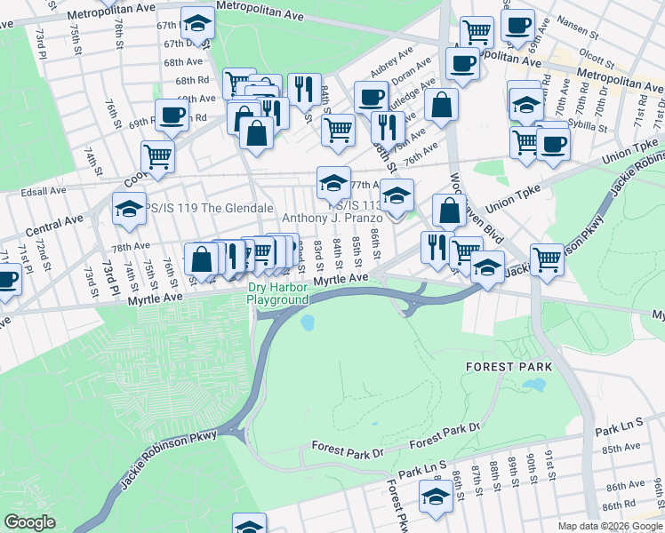 map of restaurants, bars, coffee shops, grocery stores, and more near 78-57 84th Street in Queens