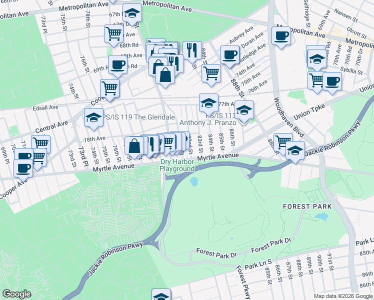 map of restaurants, bars, coffee shops, grocery stores, and more near 78-52 81st Street in Queens