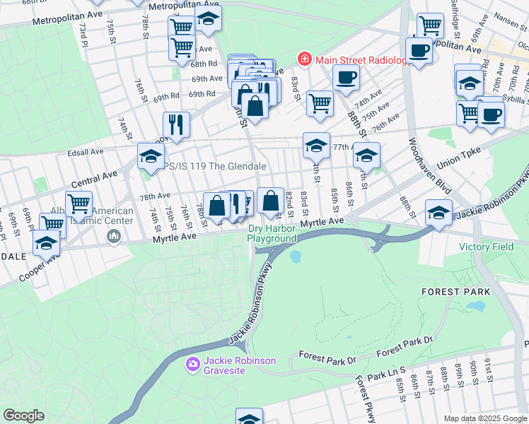 map of restaurants, bars, coffee shops, grocery stores, and more near 78-52 81st Street in Queens