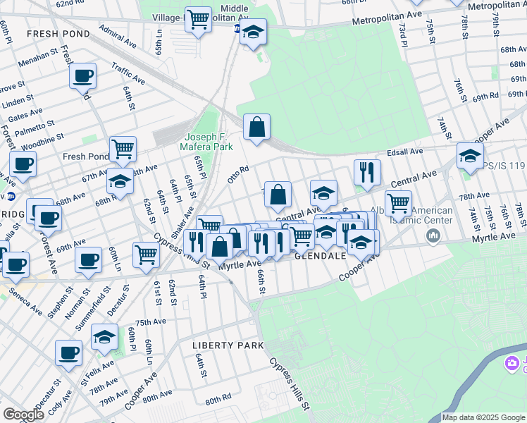 map of restaurants, bars, coffee shops, grocery stores, and more near 70-20 67th Place in Queens