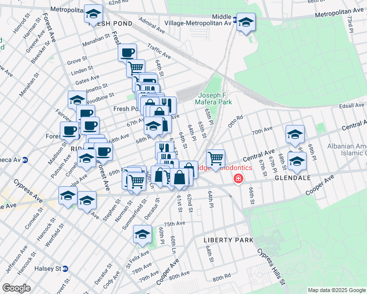 map of restaurants, bars, coffee shops, grocery stores, and more near 6865 Fresh Pond Road in Queens