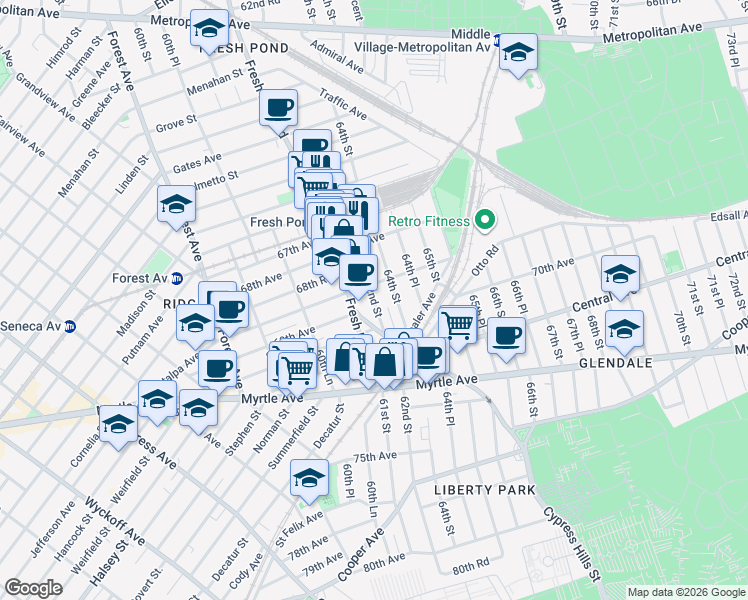 map of restaurants, bars, coffee shops, grocery stores, and more near 6865 Fresh Pond Road in Queens