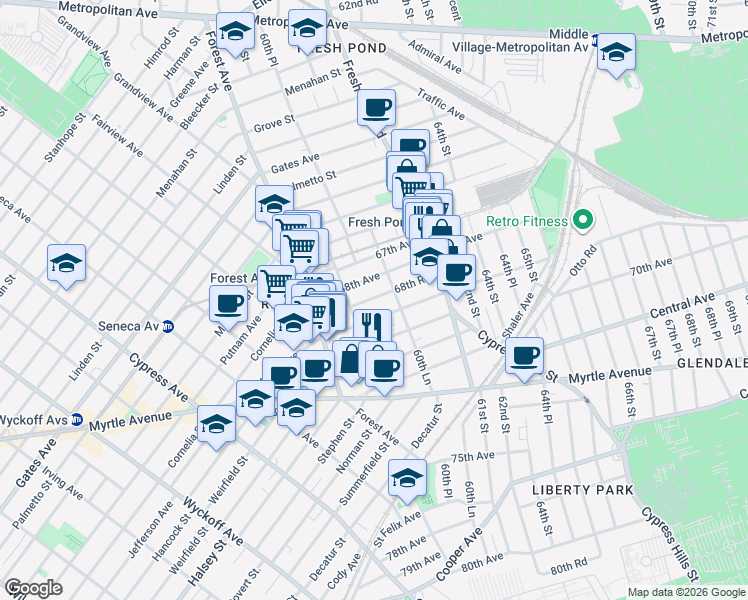 map of restaurants, bars, coffee shops, grocery stores, and more near 60-27 68th Road in Queens