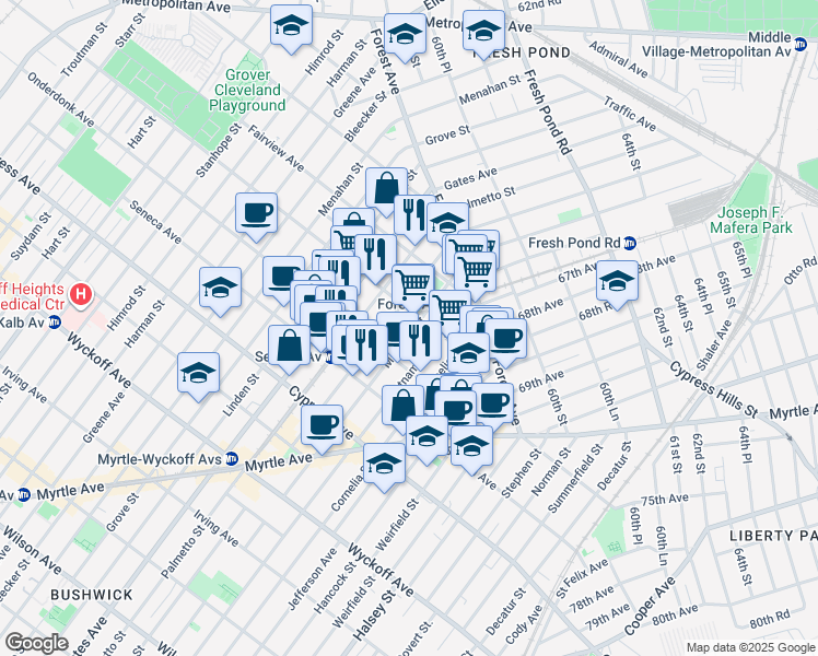 map of restaurants, bars, coffee shops, grocery stores, and more near 18-84 Woodbine Street in Queens