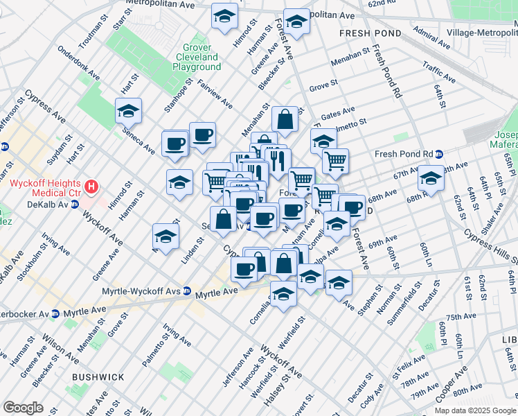 map of restaurants, bars, coffee shops, grocery stores, and more near 6-89 Onderdonk Avenue in Queens