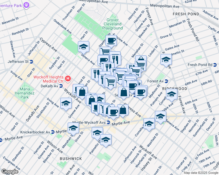 map of restaurants, bars, coffee shops, grocery stores, and more near 17-38 Menahan Street in Queens