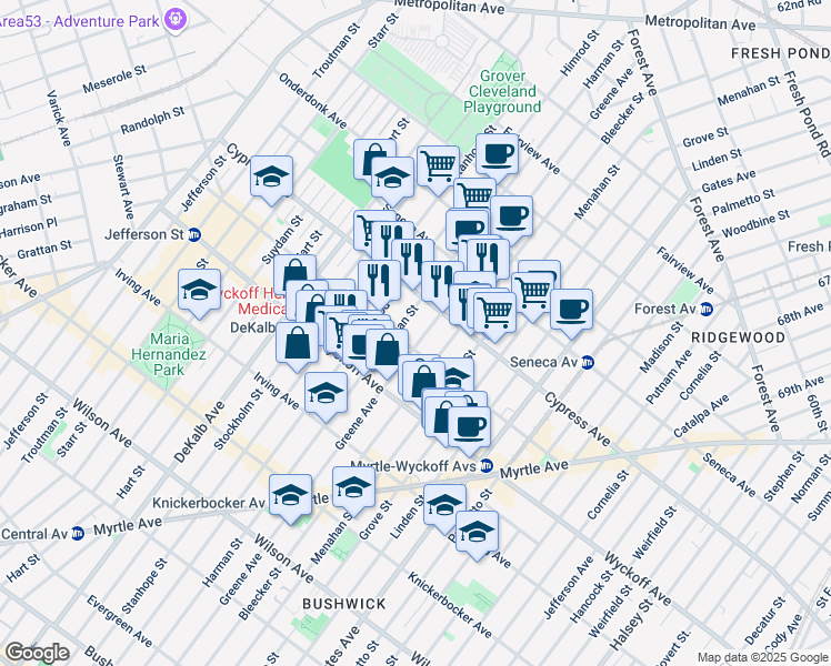 map of restaurants, bars, coffee shops, grocery stores, and more near 1519 Greene Avenue in Brooklyn