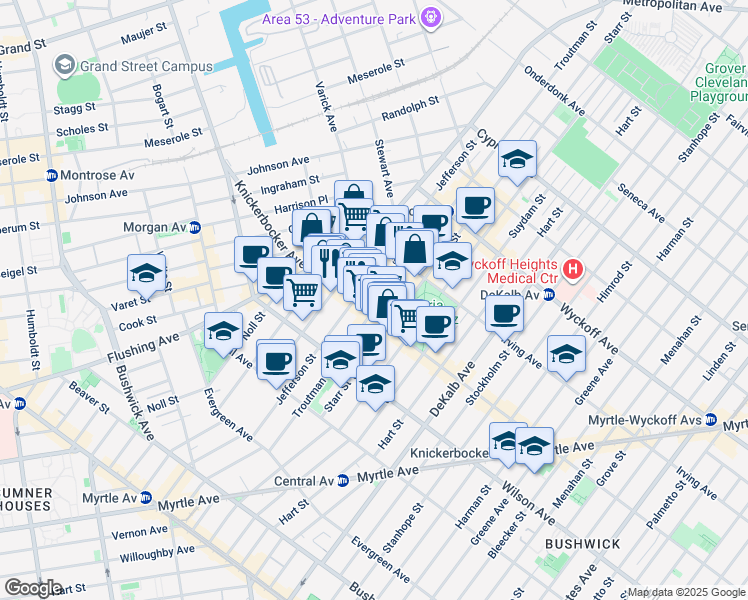 map of restaurants, bars, coffee shops, grocery stores, and more near 272 1/2 Jefferson Street in Brooklyn