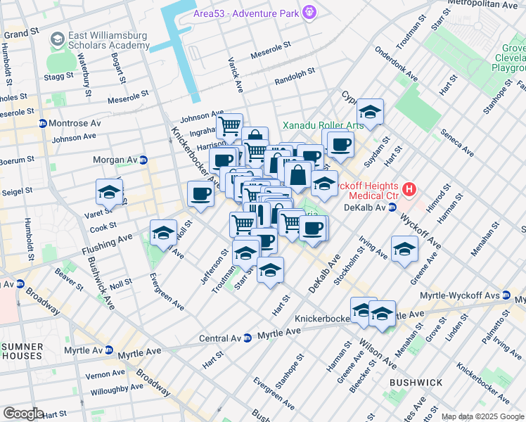 map of restaurants, bars, coffee shops, grocery stores, and more near 272 1/2 Jefferson Street in Brooklyn
