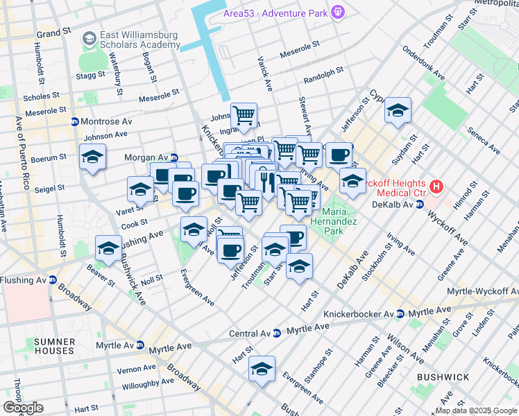 map of restaurants, bars, coffee shops, grocery stores, and more near 139 George Street in Brooklyn