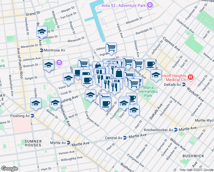 map of restaurants, bars, coffee shops, grocery stores, and more near 998 Flushing Avenue in Brooklyn